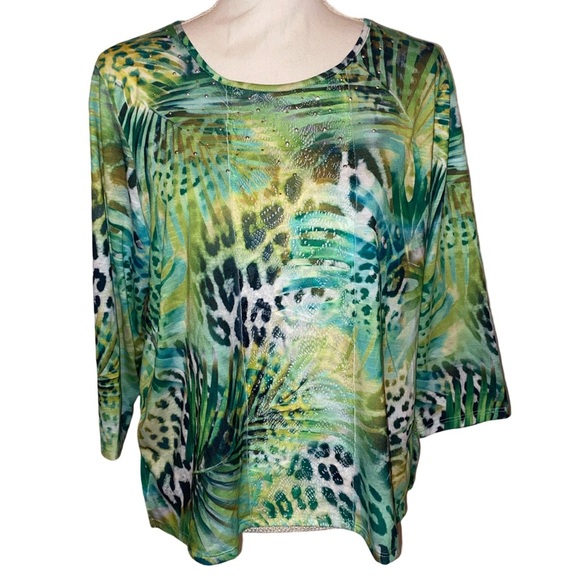 Alfred Dunner Petite Island Vibes Cheetah Tropical Leaf Tunic in BLU & GRN SZ PL - Picture 1 of 5